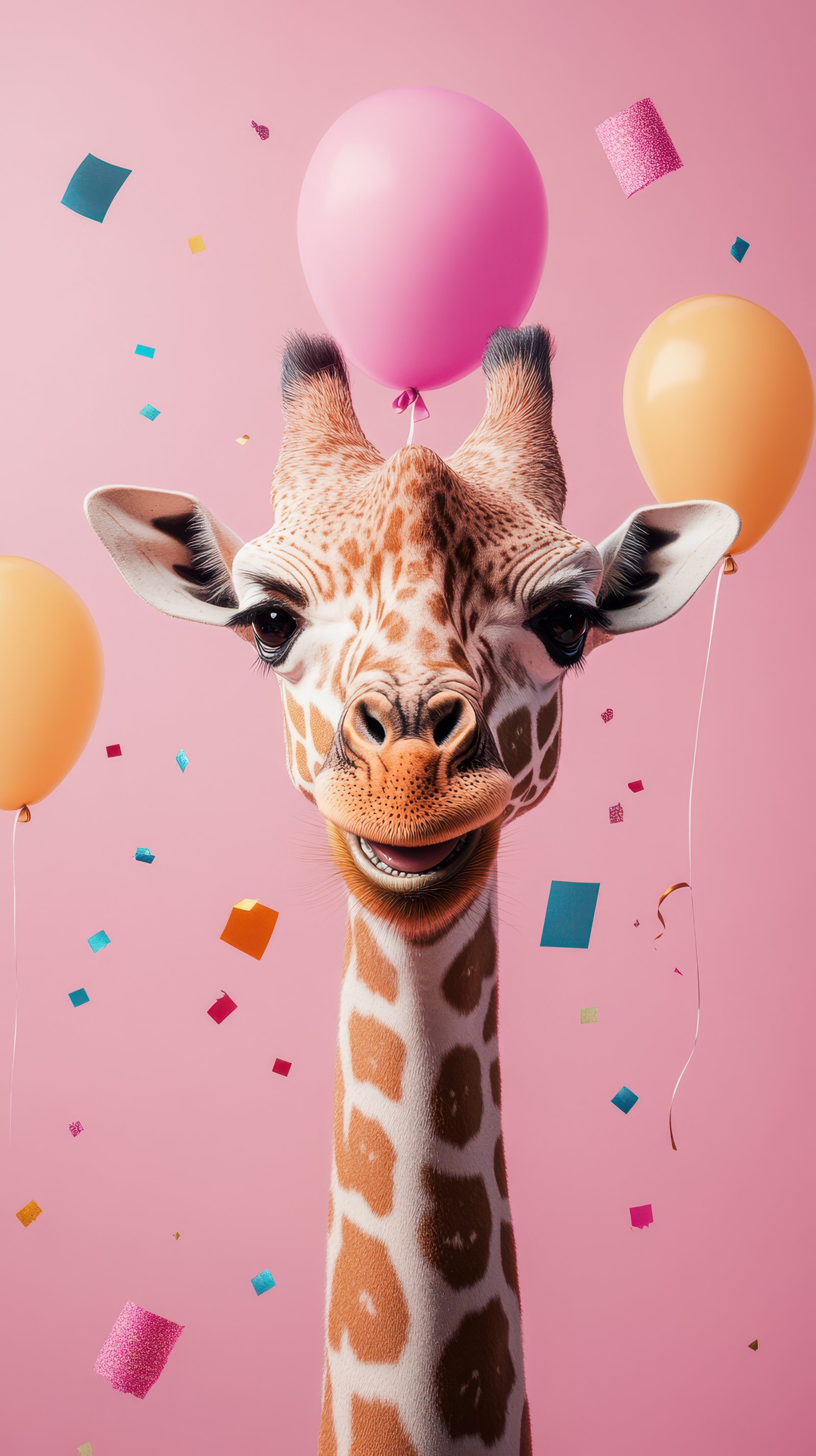 Giraffe celebrating with colorful balloons and confetti in a playful, festive atmosphere